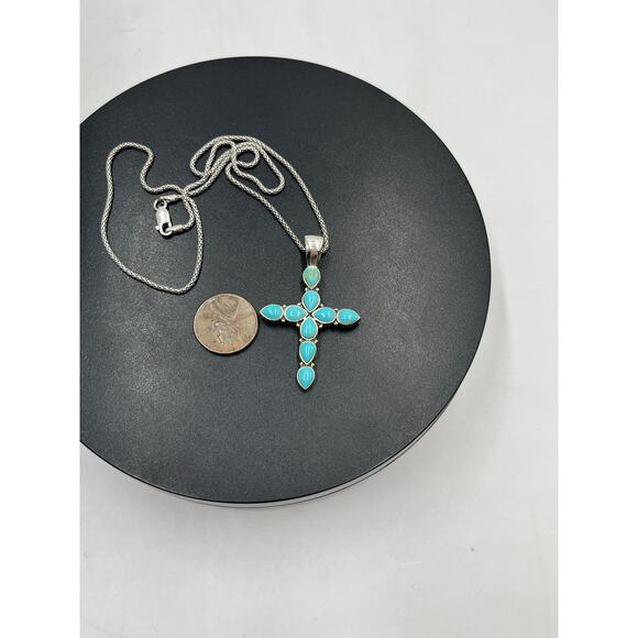 Vintage Sterling Silver Turquoise Cross Pendant Necklace Designer Signed - Picture 4 of 10